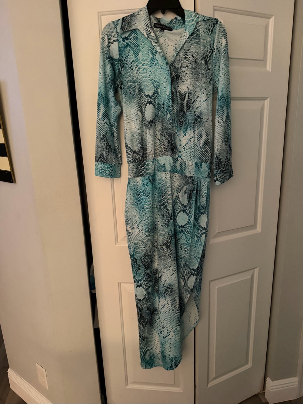 Julian Chang Sleeve Teal Snake-Print Maxi Dress med